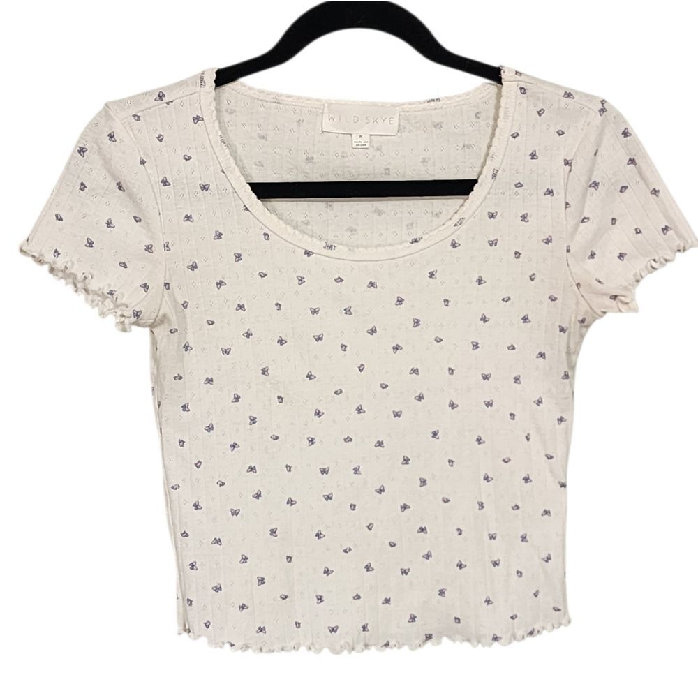 Wild Skye Top M White Purple Butterfly Crop Dainty Feminine Coquette Soft Girl